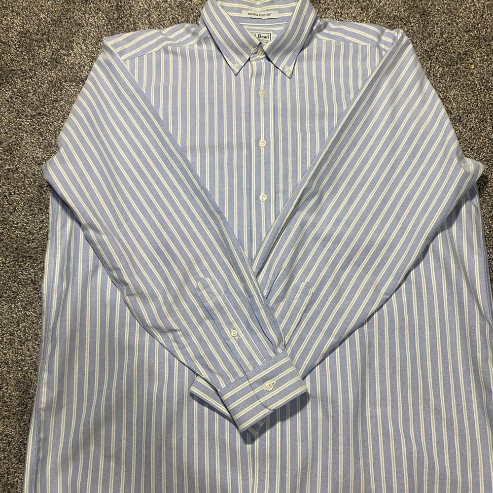 L.L.Bean Mens Wrinkle Resistant Button Up Shirt 17-35 Blue White Stripe Cotton